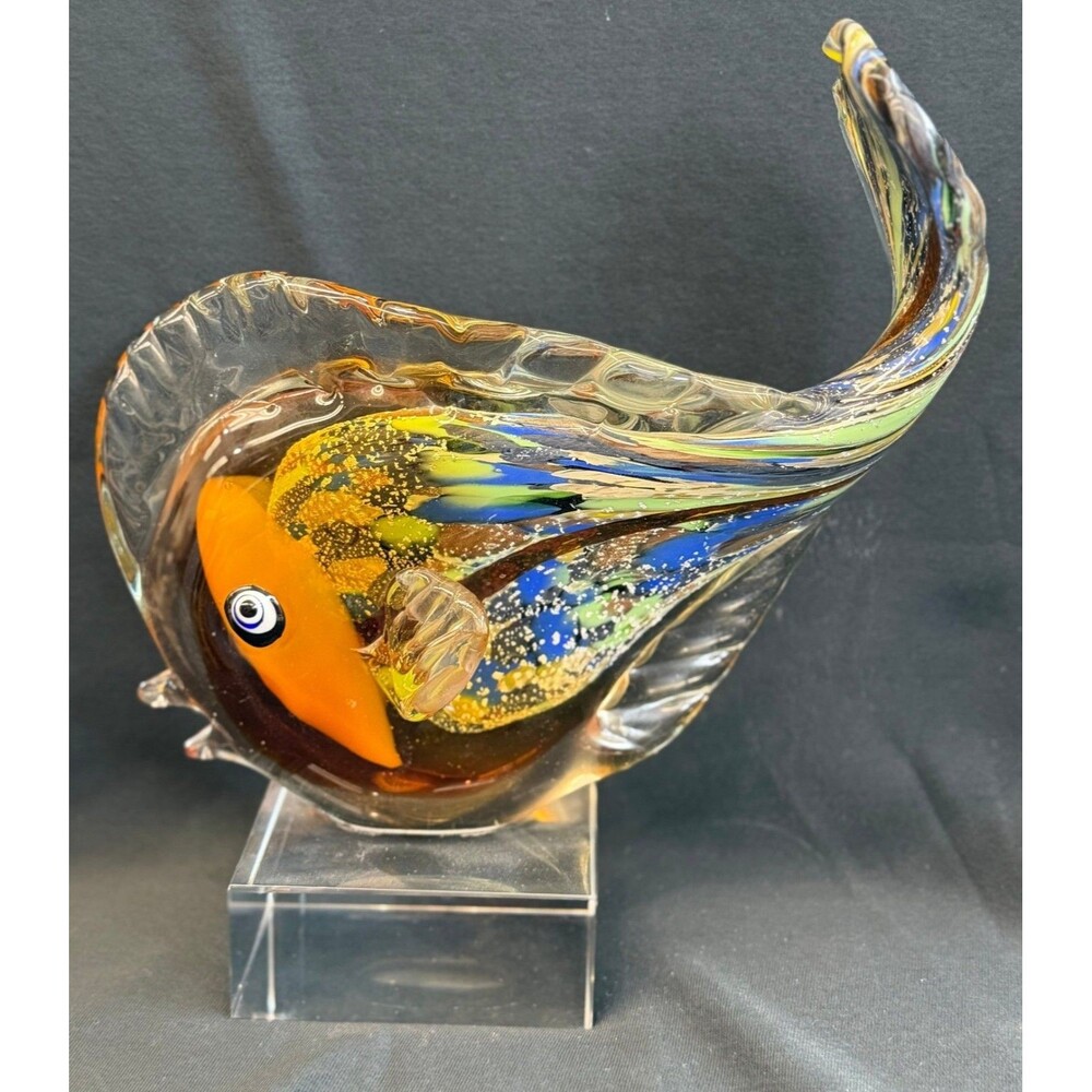 Rare LG Murano Art Glass Fish Sculpture 15" Orange Blue Aventurine 6.5 Lbs!